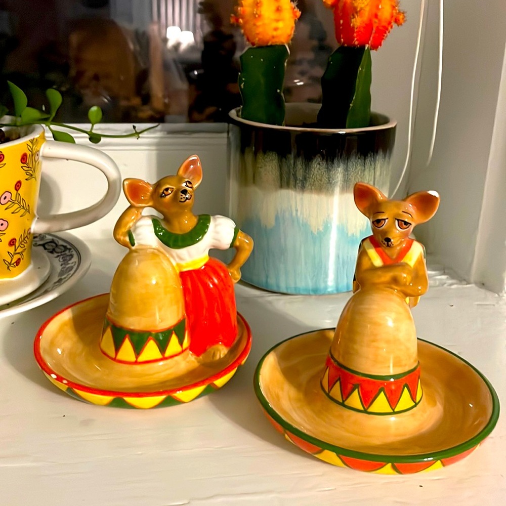 Vintage Clay Art Chihuahua Sombrero Salt & Pepper Shakers